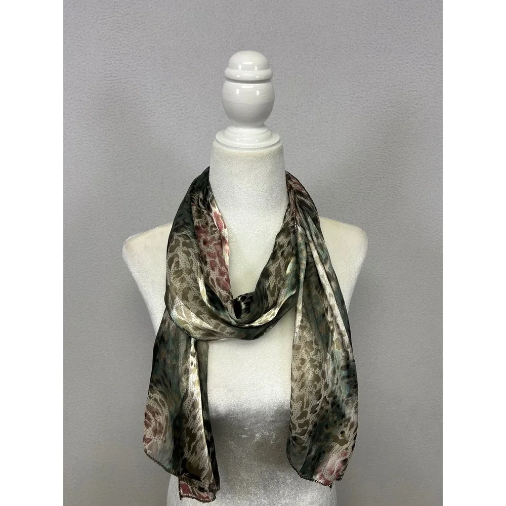 Boho Chic Animal Print Womens OS Green Brown Sheer Rectangular Scarf